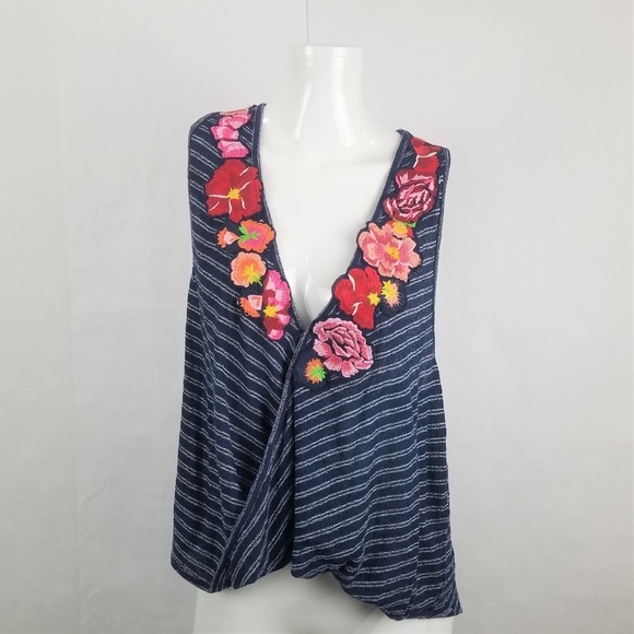 Free People Tops - Free People Tank Top Womens Small Blue Striped Sleeveless Frida Embroidered
